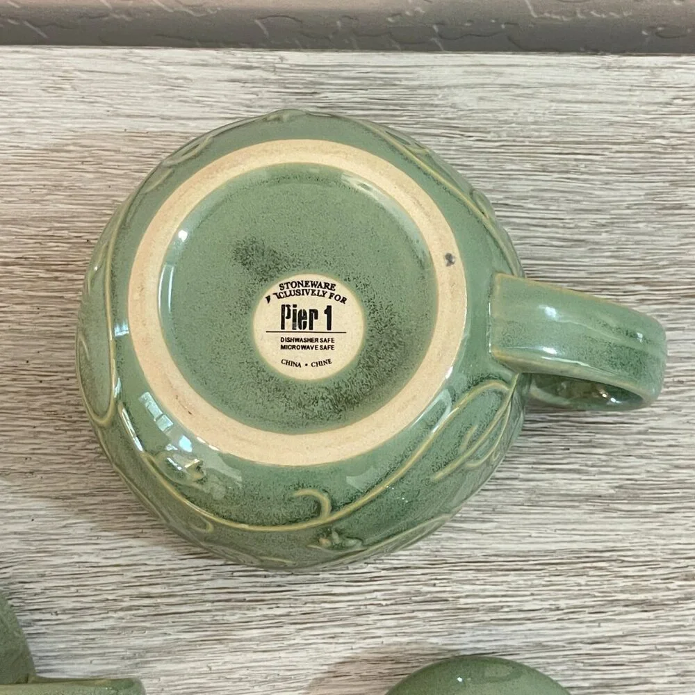 New Pier 1 Teapot Cup Mug 3 Pc Set Green Vine Flower Leaf Stoneware All In One